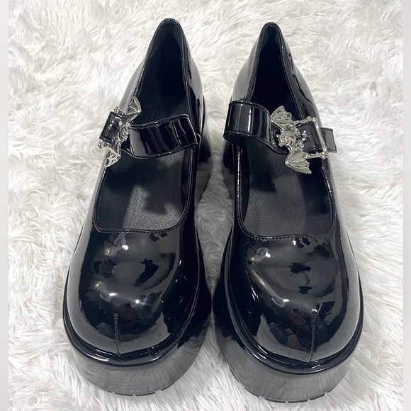 DOLLS KILL x THE GRAVE GIRLS Patent Platform Mary Janes Shoes Bat Buckle Black 6 - Picture 3 of 8